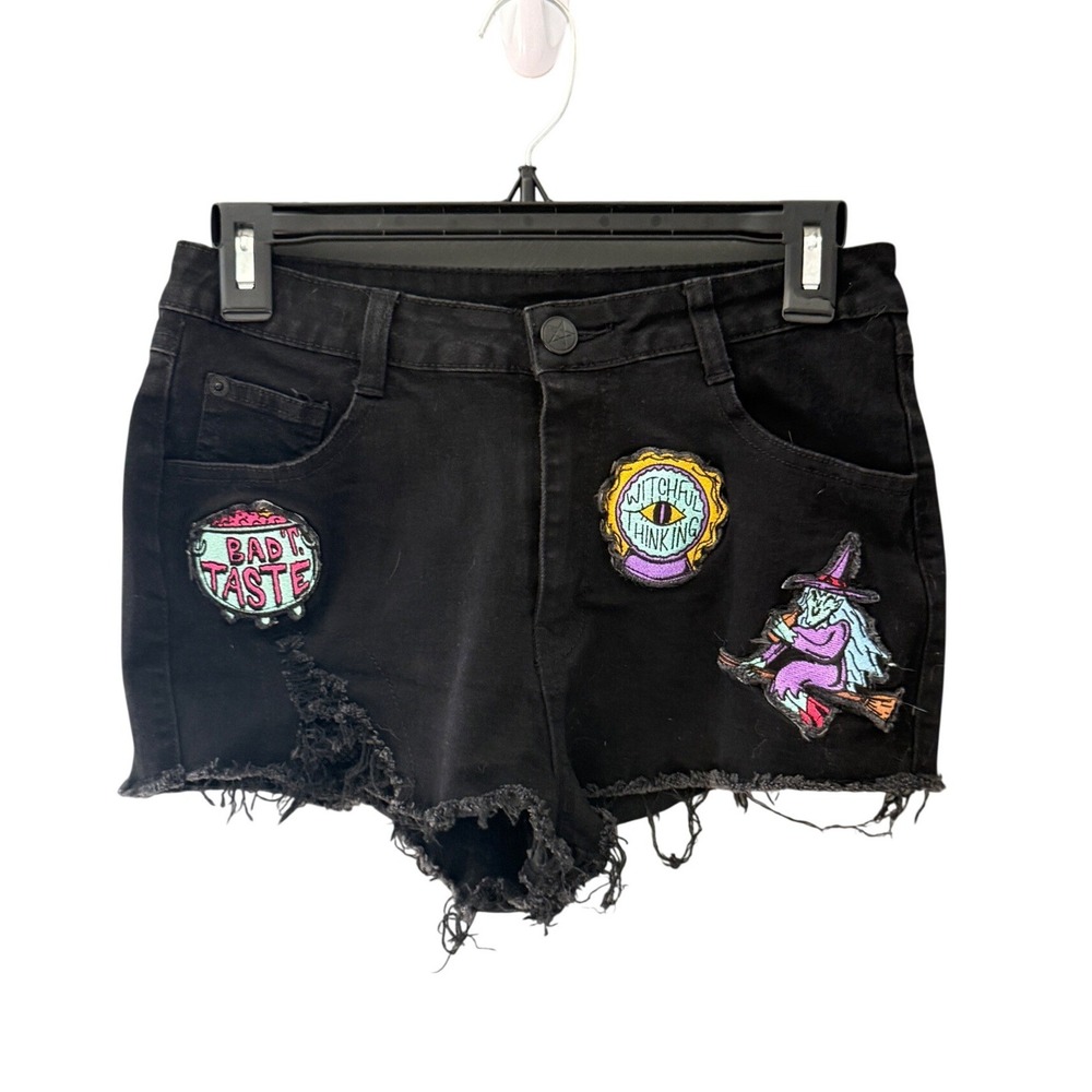Killstar Womens Black Distressed Witchy Patch Denim Shorts High Rise Small